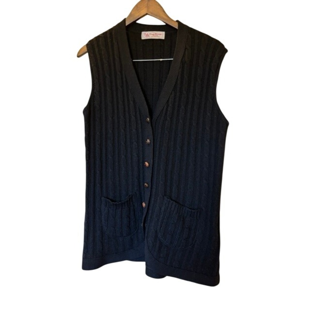 Vintage Evan-Picone Black 100% Wool Cable Knit Button Front Sweater Vest Pockets